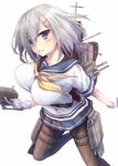  blue_eyes bouncing_breasts breasts gun hair_ornament hairclip hamakaze_(kantai_collection) highres kantai_collection large_breasts pantyhose school_uniform serafuku short_hair short_sleeves silver_hair sketch solo suien weapon white_background 