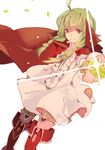  ahoge alternate_eye_color bangs blunt_bangs boots braid cape dragon_girl dress dutch_angle fire_emblem fire_emblem:_kakusei foreshortening frills garter_straps green_hair heart looking_at_viewer mamkute nn_(fire_emblem) outstretched_arm pararade pink_legwear pointy_ears red_eyes simple_background sketch smile solo sparkle stone thigh_boots thighhighs twin_braids white_background wind zettai_ryouiki 
