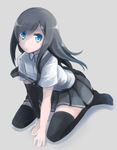  arm_warmers asashio_(kantai_collection) bad_id bad_pixiv_id black_hair black_legwear blue_eyes blush comah kantai_collection long_hair looking_at_viewer school_uniform sitting skirt solo suspenders thighhighs wariza 