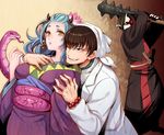  1girl 2boys bandanna blue_hair brown_hair clothes club demon demon_girl earrings fujimaru fujimaru_(green_sparrow) glowing glowing_eyes hakutaku_(hoozuki_no_reitetsu) hime_eyebrows hoozuki_(hoozuki_no_reitetsu) hoozuki_no_reitetsu horns japanese jewelry long_hair multiple_boys okou_(hoozuki_no_reitetsu) oni pointy_ears short_hair snake spiked_club weapon yellow_eyes 