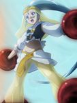  blue_eyes blue_hair cure_nile happinesscharge_precure! haruyama_kazunori long_hair magical_girl midriff navel open_mouth outstretched_arms ponytail precure solo tiara very_long_hair 