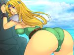  1girl ass backboob beach bent_over blonde_hair blue_eyes breasts cameltoe celes_chere clenched_teeth cloud clouds final_fantasy final_fantasy_vi from_behind highres large_breasts legs long_hair looking_back ocean shoulder_pads sky solo teeth thighs tied_up water yoko_juusuke 