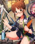  akizuki_ritsuko artist_request bicycle brown_eyes brown_hair folded_ponytail glasses ground_vehicle idolmaster idolmaster_(classic) idolmaster_million_live! jewelry matsuda_arisa necklace official_art 