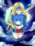  1girl blonde_hair blue_eyes courtney_whitmore dc_comics flying gloves mask solo staff stargirl 