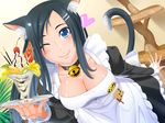 ;) animal_ears black_hair blue_eyes breasts cat_ears cat_tail cherry chocolate_syrup cleavage food fruit heart highres ice_cream large_breasts long_hair looking_at_viewer nekomata_yotsuba one_eye_closed original parfait pocky smile solo sprinkles sundae tail tray 