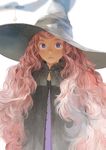  bell blurry cloak depth_of_field hat long_hair looking_at_viewer matayoshi messy_hair original pink_hair purple_eyes solo standing very_long_hair wavy_hair white_background witch witch_hat 