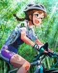  akizuki_ritsuko artist_request bicycle bicycle_helmet bike_jersey bike_shorts brown_eyes brown_hair fingerless_gloves glasses gloves ground_vehicle helmet idolmaster idolmaster_(classic) idolmaster_million_live! jpeg_artifacts official_art riding 