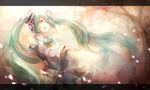  60mai bow bowtie detached_sleeves green_eyes green_hair hatsune_miku headset highres letterboxed long_hair petals sakura_no_ame_(vocaloid) skirt solo twintails very_long_hair vocaloid 