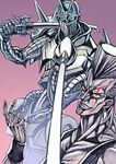  anubis_(stand) armor blood dual_wielding holding jean_pierre_polnareff jojo_no_kimyou_na_bouken matsuryuu multiple_boys rapier silver_chariot stand_(jojo) sword weapon 