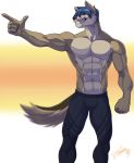  2019 5_fingers abs anthro black_nose canine clothed clothing feralise fur hair hi_res jackal male mammal muscular muscular_male simple_background solo standing topless 