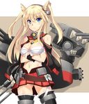  :&lt; bandolier bare_shoulders bismarck_(kantai_collection) black_gloves black_legwear blonde_hair blue_eyes breasts cleavage commentary cosplay gloves hairband headgear jpeg_artifacts kantai_collection large_breasts long_hair looking_at_viewer midriff miniskirt musashi_(kantai_collection) musashi_(kantai_collection)_(cosplay) panties pantyshot pantyshot_(standing) partially_visible_vulva pleated_skirt pointy_hair sarashi shinozuka_atsuto skirt solo standing thighhighs two_side_up underwear white_panties 
