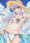  absurdres bad_id bad_pixiv_id bikini blush breasts cameltoe day feena_fam_earthlight front-tie_top green_eyes hat highres large_breasts lavender_hair long_hair marker_(medium) ocean rascal_(n119) side-tie_bikini skindentation solo sun_hat swimsuit traditional_media water wedgie white_bikini yoake_mae_yori_ruri_iro_na 