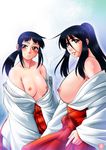  2girls black_hair blush breasts brown_eyes buntaichou female japanese_clothes large_breasts long_hair miko multiple_girls nipples ponytail small_breasts 