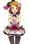  :o black_bow black_legwear black_neckwear blush bow bowtie brown_hair cowboy_shot double-breasted earrings flower frilled_shirt_collar frills hair_bow hair_flower hair_ornament interlocked_fingers jewelry koizumi_hanayo long_sleeves looking_at_viewer love_live! love_live!_school_idol_project pleated_skirt purple_eyes short_hair simple_background skirt solo sore_wa_bokutachi_no_kiseki thighhighs white_background ytk_(yutta-p) 