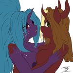  absurd_res anthro arcane_shade blue_hair breast_squish breasts brown_hair duo equine female fire_eclipse freckles green_eyes hair half-closed_eyes hi_res horn infernal-beggar lesbian long_hair looking_at_viewer mammal my_little_pony open_mouth original_character plain_background purple_body unicorn white_background 