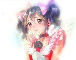  black_hair bow choker dress earrings frills gloves hair_bow idol jewelry love_live! love_live!_school_idol_project microphone red_dress red_eyes tears twintails wings yamori_(stom) yazawa_nico 