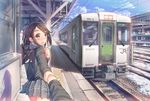  arm_grab blush brown_eyes brown_hair commentary daito ground_vehicle kiha_100 long_hair looking_at_viewer open_mouth original pov pulling smile tactile_paving train train_station 