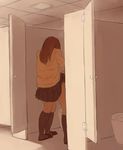  bathroom brown_hair clothed_sex from_behind highres implied_futanari implied_sex kneehighs long_hair makki_(tobaccos) multiple_girls original restroom_stall school_uniform sex skirt skirt_lift toilet 