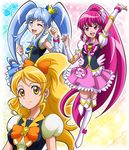  :d ;d aino_megumi arm_up blonde_hair blue_background blue_eyes blue_hair boots bow bowtie brooch crown cure_honey cure_lovely cure_princess earrings full_body hair_bow hair_ornament hanzou happinesscharge_precure! heart heart_hair_ornament jewelry long_hair magical_girl mini_crown multicolored multicolored_background multiple_girls necktie one_eye_closed oomori_yuuko open_mouth pink_background pink_bow pink_eyes pink_hair pink_skirt ponytail precure shirayuki_hime sidelocks skirt smile sparkle thigh_boots thighhighs twintails white_legwear wide_ponytail wrist_cuffs yellow_background yellow_eyes zettai_ryouiki 