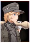  1girl absurdres black_background blonde_hair blue_eyes commentary english_commentary gloves hat highres military military_hat military_uniform nazi original panzerfaust short_hair solo ss_insignia totenkopf unicron_(brous) uniform white_gloves world_war_ii 