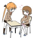  bad_id bad_pixiv_id blazer blonde_hair brown_eyes chair desk fake_pregnancy heart jacket kill_me_baby monoiri_b multiple_girls necktie oribe_yasuna school_desk short_hair skirt sonya_(kill_me_baby) twintails 