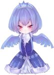 articuno asame21 blue_dress blue_hair blue_wings blush dress feathered_wings frown full_body gen_1_pokemon legendary_pokemon personification pokemon red_eyes solo tiara white_background wings winter_clothes 