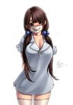  arms_behind_back bad_id bad_pixiv_id blush breasts brown_hair cleavage dress face_mask full-face_blush hair_bobbles hair_ornament large_breasts long_hair looking_at_viewer low_twintails mask original short_dress solo surgical_mask thighhighs twintails yin-ting_tian zettai_ryouiki 