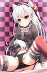  amatsukaze_(kantai_collection) bad_id bad_pixiv_id black_panties brown_eyes checkered checkered_background dress evandragon garter_straps gloves highres kantai_collection long_hair looking_at_viewer navel panties panty_pull sailor_dress shirt_lift short_dress silver_hair solo striped striped_legwear thighhighs two_side_up underwear 