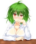  ahoge blush breasts cleavage green_hair hand_to_own_mouth highres kazami_yuuka large_breasts light_smile long_sleeves looking_at_viewer red_eyes shirt solo sweat table touhou transparent_background uneven_eyes upper_body us2s 