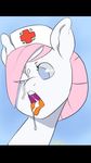  blue_eyes cum cum_on_face cum_on_tongue equine female feral friendship_is_magic fur hair hat horse mammal my_little_pony nurse nurse_hat nurse_redheart_(mlp) oops_(artist) open_mouth pink_hair plain_background pony solo tongue white_fur 