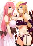  2girls :p angel angel_and_devil angel_wings bandeau blonde_hair blue_eyes blush bow breast_press breasts choker cleavage demon_girl demon_horns demon_tail demon_wings detached_sleeves dress earrings garter_straps hair_bow halo horns huge_breasts jewelry long_hair low-tied_long_hair multiple_girls navel o-ring pink_hair pointy_ears strapless symmetrical_docking tail thighhighs tongue tongue_out underboob wings 