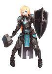  1girl absurdres armor bad_id bad_pixiv_id blonde_hair blue_eyes breastplate full_armor full_body greaves highres knight long_hair mallet mayo-rang pauldrons shield smile solo tabard warhammer weapon white_background 