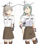  alternate_costume aqua_hair brown_hair earrings hair_ornament hairclip heart heart-shaped_lock heart_earrings heart_lock_(kantai_collection) jewelry kantai_collection kawashina_(momen_silicon) kumano_(kantai_collection) lock long_hair multiple_girls necklace open_mouth ponytail suzuya_(kantai_collection) thighhighs 