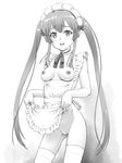  apron blush breasts elf fuji_shinobu greyscale highres long_hair looking_at_viewer maid maid_headdress monochrome myucel_foalan nipples open_mouth outbreak_company pointy_ears pussy small_breasts smile solo thighhighs twintails 