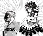  black_hair blush bowl breast_envy breasts commentary_request dress greyscale harusame_(unmei_no_ikasumi) horns japanese_clothes kijin_seija kimono large_breasts monochrome multicolored_hair multiple_girls short_hair smile sukuna_shinmyoumaru touhou 