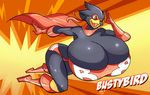  anthro avian beak big_breasts bird bra breasts busty_bird bustybird cape clothed clothing english_text feathers female gloves half-dressed happy headgear huge_breasts hyper jaeh looking_away mask open_mouth raised_arm smile solo superhero text tongue underwear wide_hips 