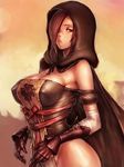  breasts brown_eyes brown_hair cleavage covered_nipples dark_souls_ii elbow_gloves emerald_herald fumio_(rsqkr) gloves groin hair_over_one_eye hips hood large_breasts lips no_panties solo souls_(from_software) 