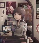  1girl asymmetry bed book bookshelf brown_hair bunk_bed coffee_mug collarbone commentary controller cup dated guitar indoors instrument jacket looking_at_viewer looking_to_the_side mirror mug original poster short_hair signature sitting solo track_jacket track_suit yajirushi_(chanoma) 
