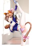  animal_ears blush bow breasts brown_eyes brown_hair cat_ears cat_tail cheerleader flexible gloves hair_bow impossible_clothes impossible_shirt long_hair looking_at_viewer mashinatsu medium_breasts midriff navel original panties parted_lips paw_gloves paws pink_panties ponytail shirt shoes smile sneakers solo split spread_legs standing standing_on_one_leg standing_split striped striped_panties tail thighhighs underwear 