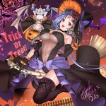  bat black_gloves black_legwear blue_hair blush boots bow breasts broom broom_riding cameltoe curly_hair dragon flower forehead_tattoo gloves halloween halloween_costume hat large_breasts leotard navel open_mouth original pink_hair ryuki@maguro-ex smile solo sparkle text_focus thigh_boots thighhighs trick_or_treat witch witch_hat 