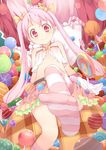  babydoll bare_shoulders candy candy_cane chemise food fred04142 hair_ribbon lollipop long_hair looking_at_viewer midriff original outstretched_leg pink_eyes pink_hair ribbon single_thighhigh sitting skirt smile solo striped striped_legwear thighhighs twintails very_long_hair 