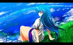  blue_hair blue_sky cloud day grass highres hinanawi_tenshi lake letterboxed long_hair looking_at_viewer looking_back nekominase no_hat no_headwear puffy_sleeves red_eyes shirt short_sleeves sitting skirt sky solo touhou very_long_hair 