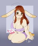  amber_eyes big_breasts blush breasts brown_hair cleavage clothed clothing eyewear female foreshortening fur glasses hair hindpaw kneeling lagomorph long_hair looking_at_viewer mammal open_mouth paws rabbit shirt shorts solo thick_thighs thighs unregisteredcat yellow_fur 