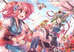  blonde_hair blue_hair blue_sky breasts brown_hair cherry_blossoms cleavage cloud day flower flower_wreath green_hair hair_bobbles hair_ornament hat hat_ribbon head_wreath large_breasts lunasa_prismriver lyrica_prismriver merlin_prismriver multiple_girls obi onozuka_komachi open_mouth over_shoulder puffy_sleeves red_eyes red_hair ribbon rod_of_remorse rojiko sash scythe shiki_eiki shirt short_sleeves skirt sky smile touhou tree two_side_up vest watermark wrist_cuffs 