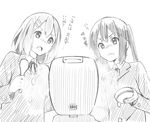  bowl cooking errant greyscale hirasawa_yui k-on! long_hair monochrome multiple_girls nakano_azusa rice rice_bowl rice_cooker rice_spoon school_uniform short_hair twintails 