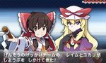  black_gloves black_hair blonde_hair bow brown_eyes carnet_(pokemon) detached_sleeves fake_screenshot fan folding_fan furisode_girl_(pokemon) gloves gohei hacko hair_bow hair_tubes hakurei_reimu hat imperishable_night multiple_girls ofuda parody pokemon pokemon_(game) pokemon_xy purple_eyes smile style_parody touhou translated yakumo_yukari 