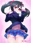  \m/ ass black_hair blazer cardigan copyright_name double_\m/ grin jacket long_hair love_live! love_live!_school_idol_project otonokizaka_school_uniform red_eyes school_uniform shift_(waage) skirt smile solo twintails yazawa_nico 