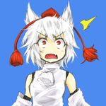  1girl animal_ears bare_shoulders blue_background blush breasts detached_sleeves fang hat inubashiri_momiji kaimu_(tanishi_no_hitsugi) looking_up lowres medium_breasts open_mouth pom_pom_(clothes) shirt short_hair silver_hair simple_background solo surprised tokin_hat touhou white_shirt wolf_ears 