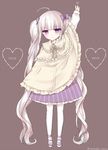  absurdly_long_hair ahoge arm_up bad_id bad_pixiv_id blush brown_background character_name full_body hair_ribbon heart heterochromia long_hair looking_at_viewer mary_janes original pantyhose purple_eyes purple_ribbon ribbon shoes simple_background sleeves_past_wrists solo tsukikage_nemu twintails twitter_username very_long_hair white_hair white_legwear 
