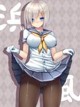  argyle argyle_background black_legwear blue_eyes blush breasts gloves hair_ornament hair_over_one_eye hamakaze_(kantai_collection) kantai_collection large_breasts looking_at_viewer panties panties_under_pantyhose pantyhose school_uniform serafuku short_hair short_sleeves silver_hair skirt skirt_lift solo tsukumiya_amane underwear white_gloves 